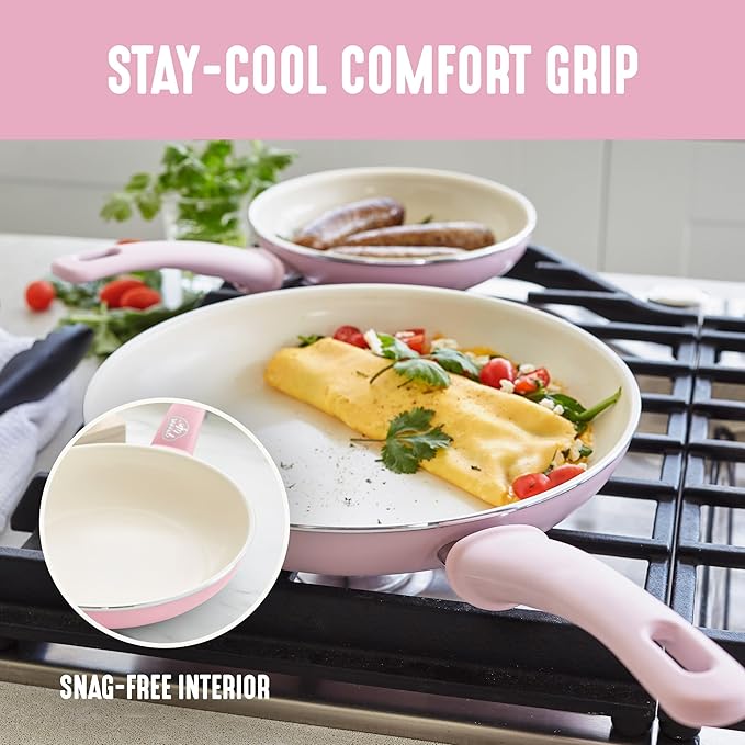 GreenLife 8 Piece Nonstick Cookware Set, Non-Toxic PFAS-Free Ceramic Pots & Pans, Dishwasher & Oven Safe, Frying, Sauce, Stock Pot, Glass Lids, Stay-Cool Handles, Wobble Free, Light Pink