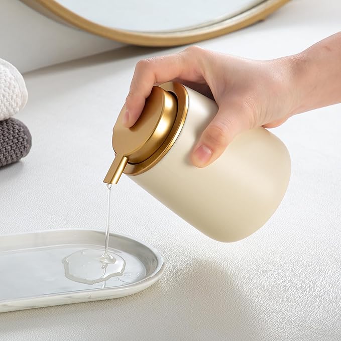 Enra Ceramic Soap Dispenser,12 oz Hand Lotion Dispenser with Gold Pump,Wide-Mouth Refillable Dish Soap Dispenser,Modern Liquid Soap Dispenser for Kitchen & Bathroom Countertop Decor