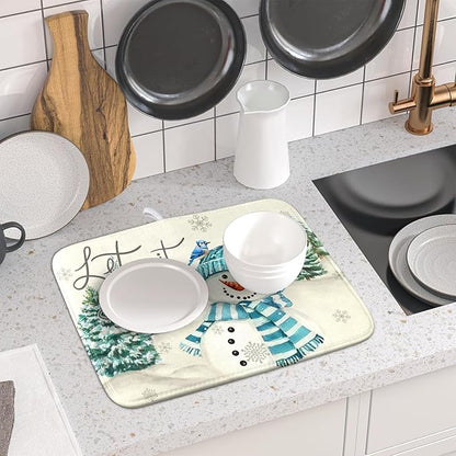 Giwawa Blue Snowman Dish Drying Mat Xmas Trees Bird Winter Snowy Scene Dish Drainer Mats 16"x18" Microfiber Reversible Dish Drying Rack Pad Protector for Kitchen Countertop Decor