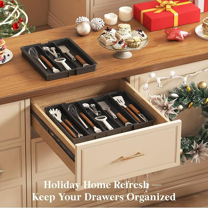 Lifewit Utensil Organizer for Kitchen Drawers, Expandable Cooking Utensil Tray, Adjustable Cutlery Silverware Flatware Holder, Plastic Spatula Tools Storage Divider, 11-18 x 14", Black - Image 8