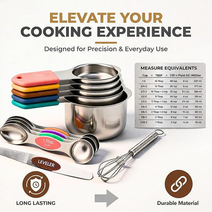 Magnetic Measuring Cups and Spoons Set, 13 Piece 304 Heavy Duty Stainless Steel with Leveler, Mini Whisk & Conversion Chart, Stackable Nesting Design, Double Sided Spoons for Dry & Liquid Ingredients