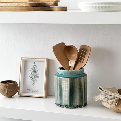 JIEMEI HOME Kitchen Utensil Holder, 6.77" Ceramic Farmhouse Stable Utensil Crock for Countertop, Vintage Style Cooking Tool Organizer with Cork Mat, Spatula Holder For Kitchen Decor, Antique Blue - Image 3