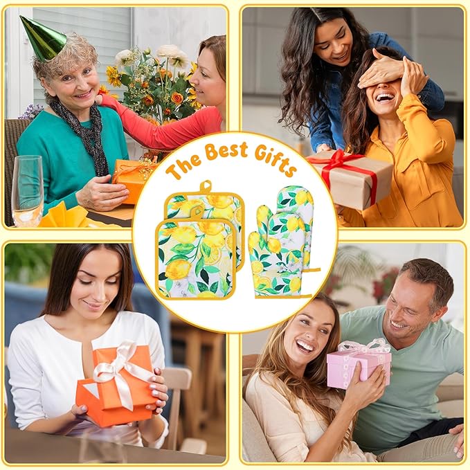 4 Pcs Oven Mitts and Pot Holders Cute Lemon Oven Gloves and Pot Holders Heat Resistant Non Slip Ovens Mitts for Cooking Baking Accessories Fruit Themed Kitchen Linens, 6"x12" - Image 5