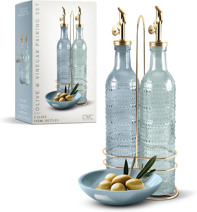 COOK WITH COLOR Glass Olive Oil Bottle Dispenser - 2 Pack- 17oz Oil and Vinegar Cruet - Olive Oil Carafe Decanter for Kitchen, Champagne Bubbles, Blue by CookwithColor