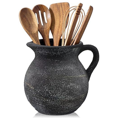 Potchen Rustic Kitchen Utensil Holder with Handle,7.48" H Ceramic Vintage Utensil Crock for Countertop, Farmhouse Kitchen Decoration Ceramic Pot for Spatulas Spoons Tongs(Classic,Antique Black Gold) by Potchen