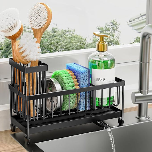 Cisily Sponge Holder for Kitchen Sink, Sink Caddy Organizer with High Brush Holder, Kitchen Countertop Organizers and Storage Essentials, Rustproof 304 Stainless Steel (Black, 9.25″) by CISILYHOMELIFE