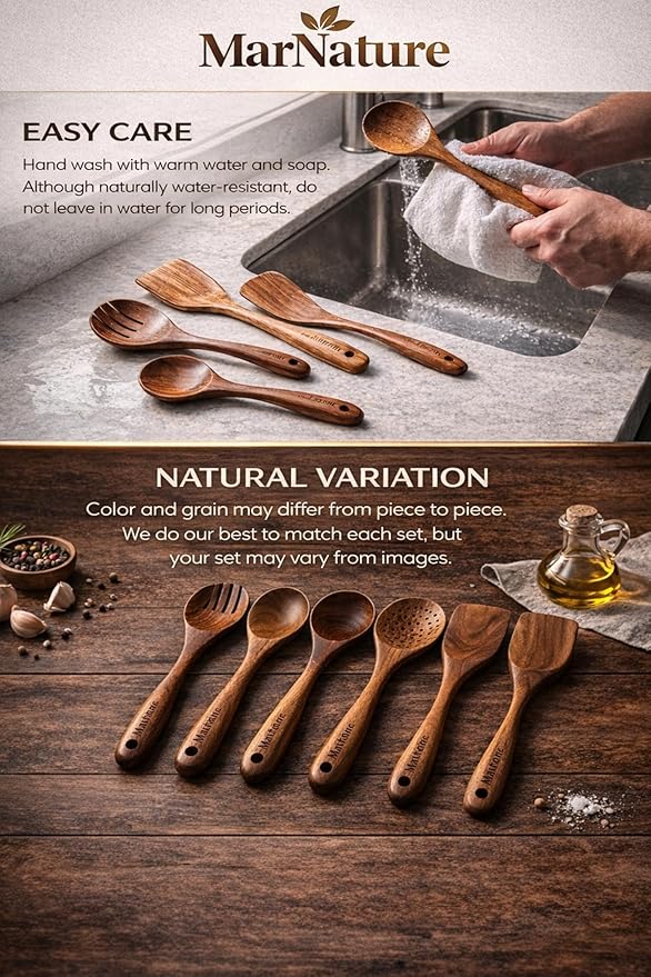 Teak Wood Kitchen Utensils Set – 6 Piece, Sustainable Teak Cooking Utensils, Non-Stick Safe, Heat Resistant Wooden Spoons & Spatulas
