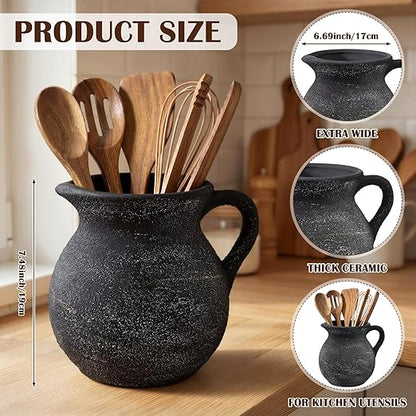 Potchen Rustic Kitchen Utensil Holder with Handle,7.48" H Ceramic Vintage Utensil Crock for Countertop, Farmhouse Kitchen Decoration Ceramic Pot for Spatulas Spoons Tongs(Classic,Antique Black Gold) - Image 3