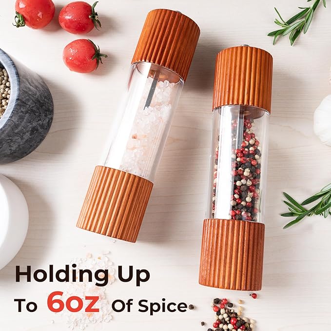 Acacia Wooden Salt and Pepper Grinder Set, 8 Inches Refillable Salt and Pepper Mills with Adjustable Ceramic Core, Manual Salt and Pepper Shakers for Kitchen Cooking and Gifts - Image 2