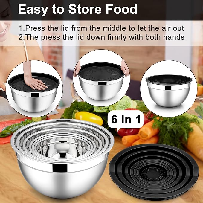 E-far Mixing Bowls with Lids, 12-Piece Stainless Steel Salad Bowls Metal Nesting Bowls for Baking Cooking and Prepping, Airtight Lids & Stackable Design, Size 7, 4.5, 3, 1.5, 1.2, 0.7 QT (Black) - Image 7