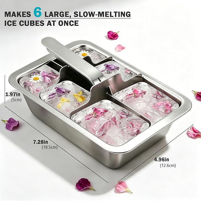 Stainless Steel Ice Cube Tray, Large Ice Cube Trays Mold for Whiskey, Metal Ice Cube Trays for Freezer with Release Lever Remove Handle, Cocktails Whiskey Ice Cubes Mold, Easy Release Large Ice Cubes