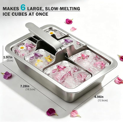 Stainless Steel Ice Cube Tray, Large Ice Cube Trays Mold for Whiskey, Metal Ice Cube Trays for Freezer with Release Lever Remove Handle, Cocktails Whiskey Ice Cubes Mold, Easy Release Large Ice Cubes