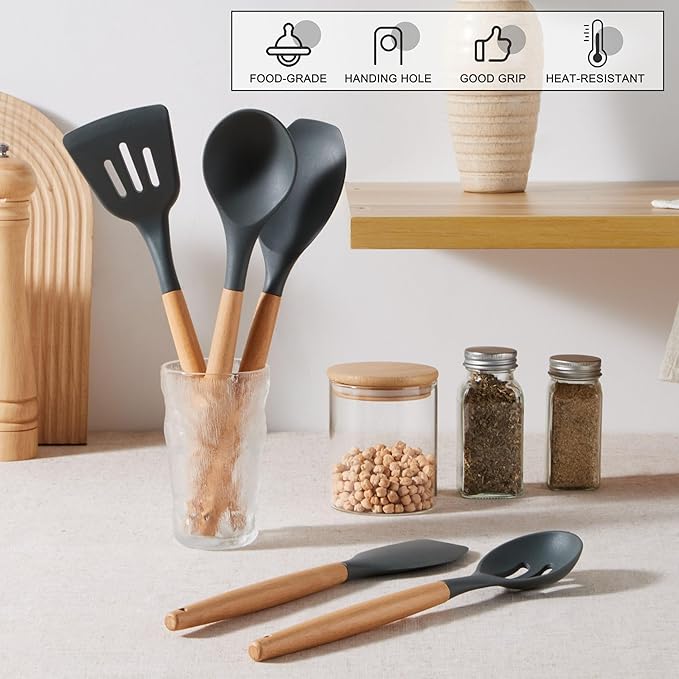 E-far Gray Silicone Cooking Utensils Set, 10-Piece Kitchen Utensils Set with Wooden Handle for Nonstick Cookware, Heat Resistant Kitchen Nonstick Tools Spatula Whisk Tongs Ladle, Non-toxic & Healthy - Image 6