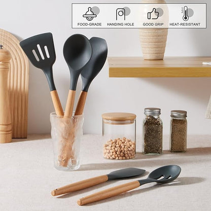 E-far Gray Silicone Cooking Utensils Set, 10-Piece Kitchen Utensils Set with Wooden Handle for Nonstick Cookware, Heat Resistant Kitchen Nonstick Tools Spatula Whisk Tongs Ladle, Non-toxic & Healthy - Image 6