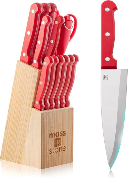 Moss & Stone 14 Pcs Knife Block Set Stainless Steel, Premium Forged Kitchen Knives Set with High-Carbon Blades, Ergonomic Handle, Sharp Blade, Rust Resistant, Modern Style for Home & Chef, Red by Mossstone