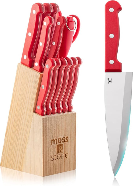 Moss & Stone 14 Pcs Knife Block Set Stainless Steel, Premium Forged Kitchen Knives Set with High-Carbon Blades, Ergonomic Handle, Sharp Blade, Rust Resistant, Modern Style for Home & Chef, Red by Mossstone