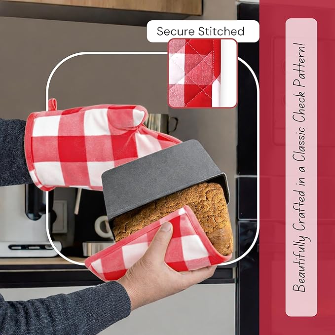 Native Fab Buffalo Plaid Check Oven Mitts and Pot Holders Set of 4, 100% Cotton Heat Resistant Kitchen Gloves, 2 Oven Mitts (7x13), 2 Pot Holders (8x8) for Cooking & Baking, Red White - Image 6
