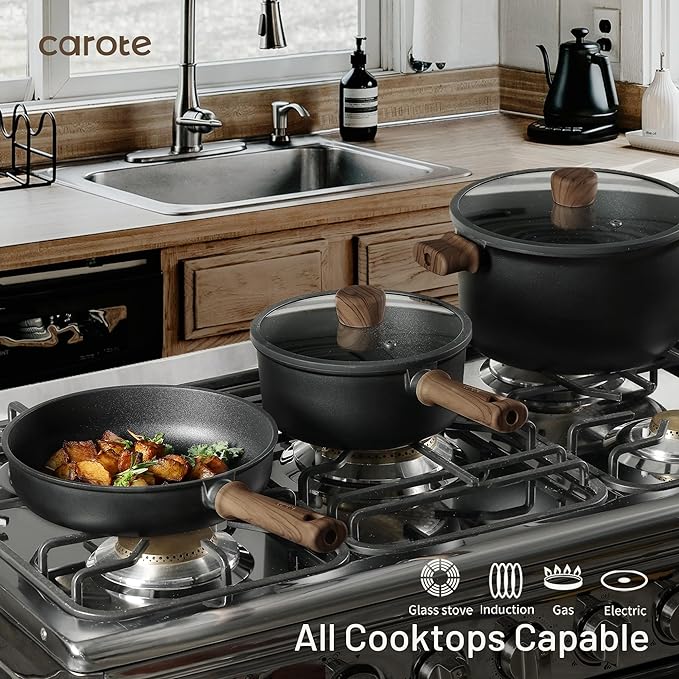 CAROTE 24Pcs Nonstick Kitchen Titanium Cookware Sets, Non stick Pots and Pans set, Induction Cookware Set Black - Image 6