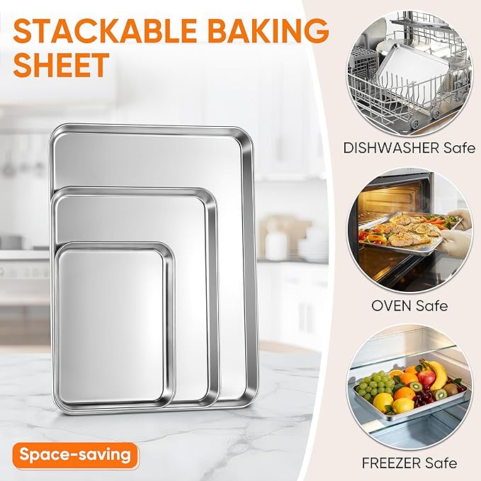 LIANYU 3 Pack Stainless Steel Baking Sheets, Cookie Sheet Pan for Baking & Roasting, 16/12.4/9.2 In, Toaster Oven Pan Cookie Baking Tray, Non Toxic & Heavy Duty & Easy Clean, Dishwasher Safe - Image 5