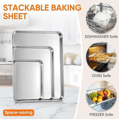 LIANYU 3 Pack Stainless Steel Baking Sheets, Cookie Sheet Pan for Baking & Roasting, 16/12.4/9.2 In, Toaster Oven Pan Cookie Baking Tray, Non Toxic & Heavy Duty & Easy Clean, Dishwasher Safe - Image 5