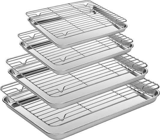 Baking Sheet Pan Set of 8, CEKEE Stainless Steel Cookie Sheets for Baking with Cooling Rack, Small/Quarter/Jelly Roll Pans, 9/10/12/16 Inch, 0.8mm Thick Heavy Duty & Non Toxic & Easy Clean by CEKEEBakingEasilyHappily