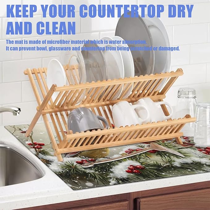 Winter Cardinal Bird Dish Drying Mat for Kitchen Counter Snow Drying Pad Absorbent Reversible Dish Drainer Rack Mats Draining Pad 18"x24"Inch - Image 5