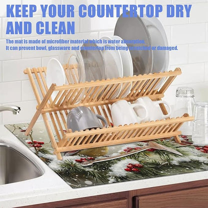 Winter Cardinal Bird Dish Drying Mat for Kitchen Counter Snow Drying Pad Absorbent Reversible Dish Drainer Rack Mats Draining Pad 18"x24"Inch - Image 5