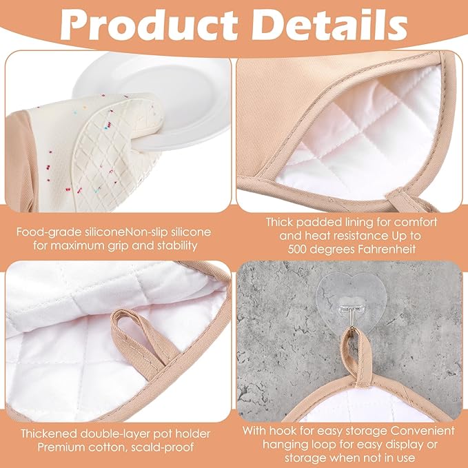 10 Pcs Kitchen Oven Mitts and Potholders Set with Hook and Oil Brush, Cooking Mittens Heat Resistant 500°F Silicone Oven Mittens for Kitchen Baking Cooking BBQ (Cream) - Image 3