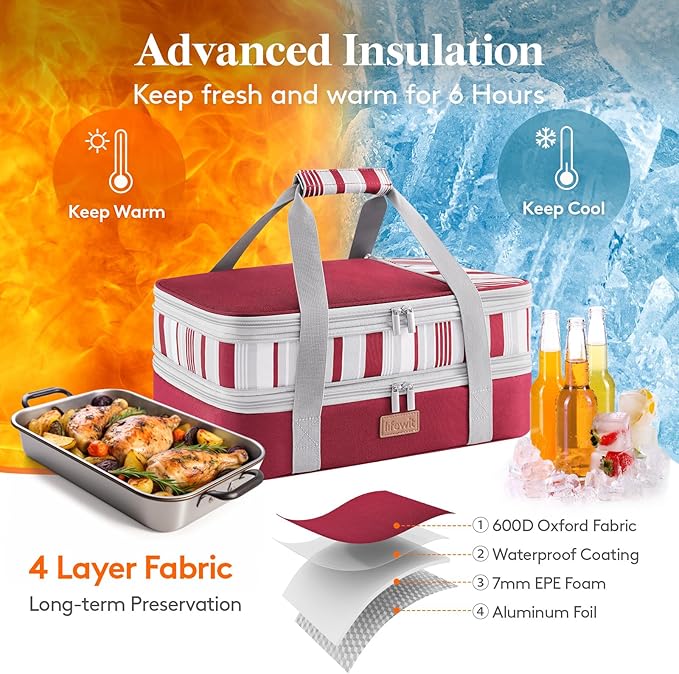 Lifewit Insulated Double Decker Casserole Carrier, Expandable Lasagna Lugger Tote Bag for Hot or Cold Food, Fits 9" x 13" Baking Dish for Potluck Parties, Picnic and Cookouts, Red
