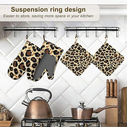 Leopard Print Oven Mitts and Pot Holders Sets of 4, Heat Resistant Silicone Oven Mitts Gloves Non-Slip Kitchen Mittens Potholders for Cooking Baking Grilling BBQ