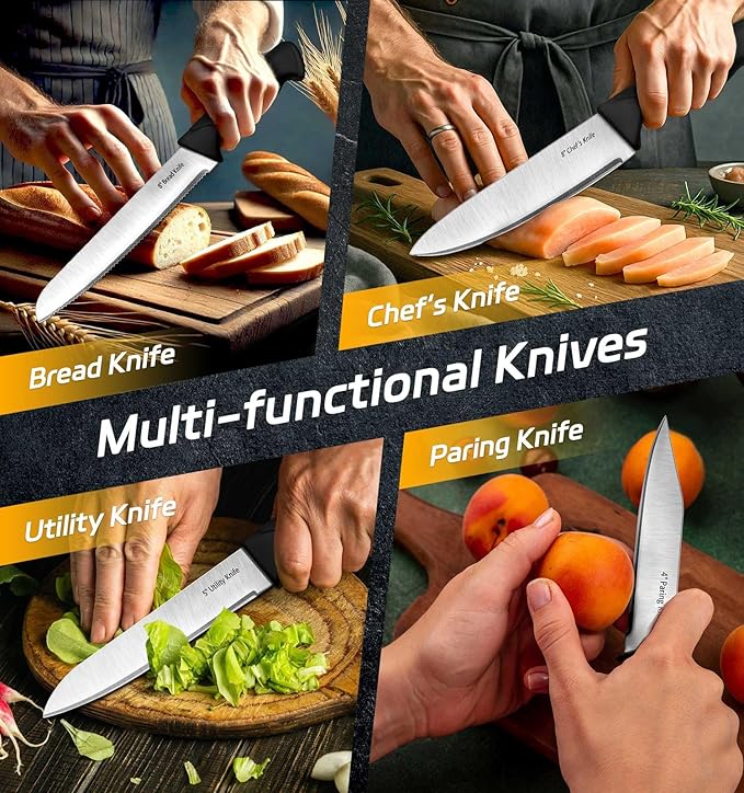 Knife Set, 6-Piece Kitchen Knife Set, German High Carbon Stainless Steel, Durable & Easy Clean Knife Block, Black - Image 4