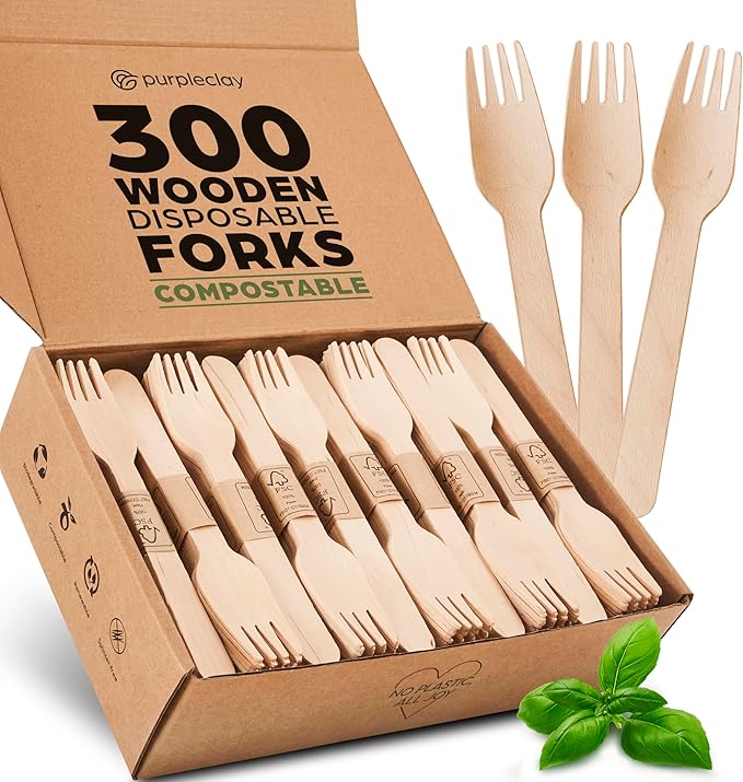 PURPLECLAY Wooden Disposable Forks (300 PCS) FSC Certified Wood Compostable Forks, Eco-Friendly Compostable Utensils for Party, Plastic-Free Wood Utensil, Bamboo Utensils Alternative, Fork for Eating by Purpleclay