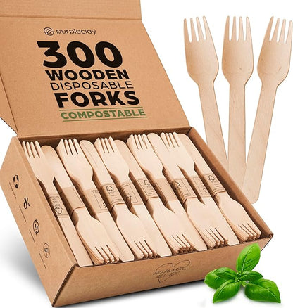 PURPLECLAY Wooden Disposable Forks (300 PCS) FSC Certified Wood Compostable Forks, Eco-Friendly Compostable Utensils for Party, Plastic-Free Wood Utensil, Bamboo Utensils Alternative, Fork for Eating by Purpleclay