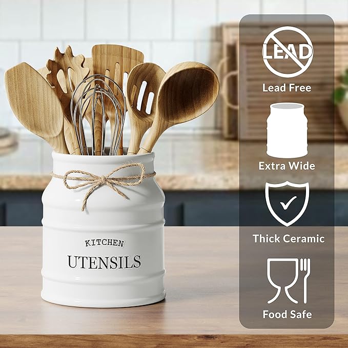 Barnyard Designs Ceramic Farmhouse Utensil Holder for Kitchen Counter, Large Rustic Utensil Crock, Countertop Cooking Tool Spatula Organizer, 6.75” (White) - Image 4