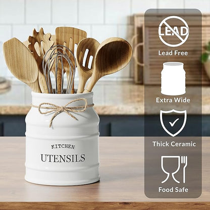 Barnyard Designs Ceramic Farmhouse Utensil Holder for Kitchen Counter, Large Rustic Utensil Crock, Countertop Cooking Tool Spatula Organizer, 6.75” (White) - Image 4