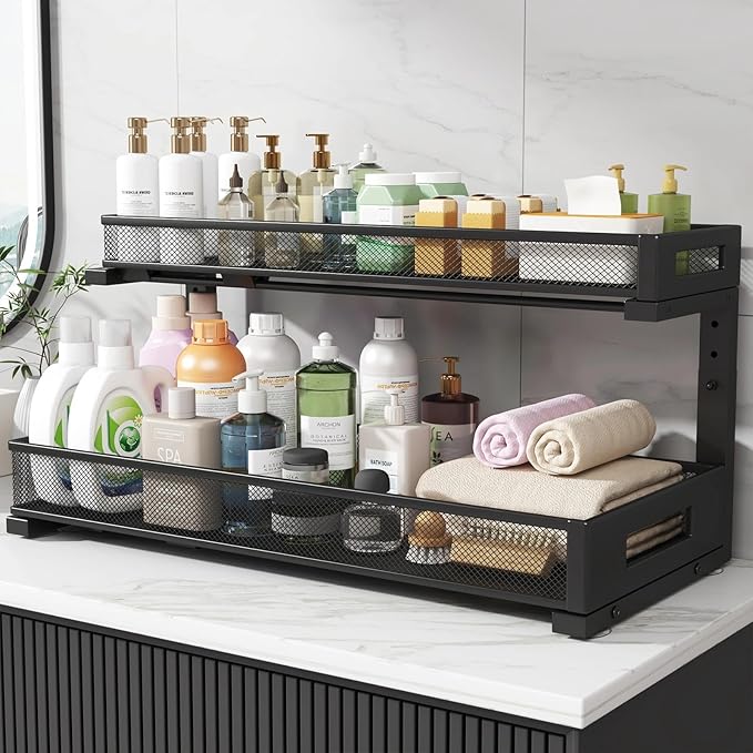 2 Pack 20.47IN Depth Under Sink Storage Organizer, Large 2-Tier Elegant Mesh Pull Out Shelf for Kitchen and Bathroom Cabinet Organization, L-Shaped and Adjustable Height Design-Black - Image 7