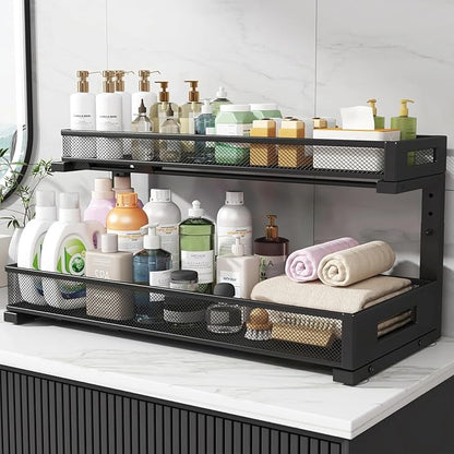 2 Pack 20.47IN Depth Under Sink Storage Organizer, Large 2-Tier Elegant Mesh Pull Out Shelf for Kitchen and Bathroom Cabinet Organization, L-Shaped and Adjustable Height Design-Black - Image 7