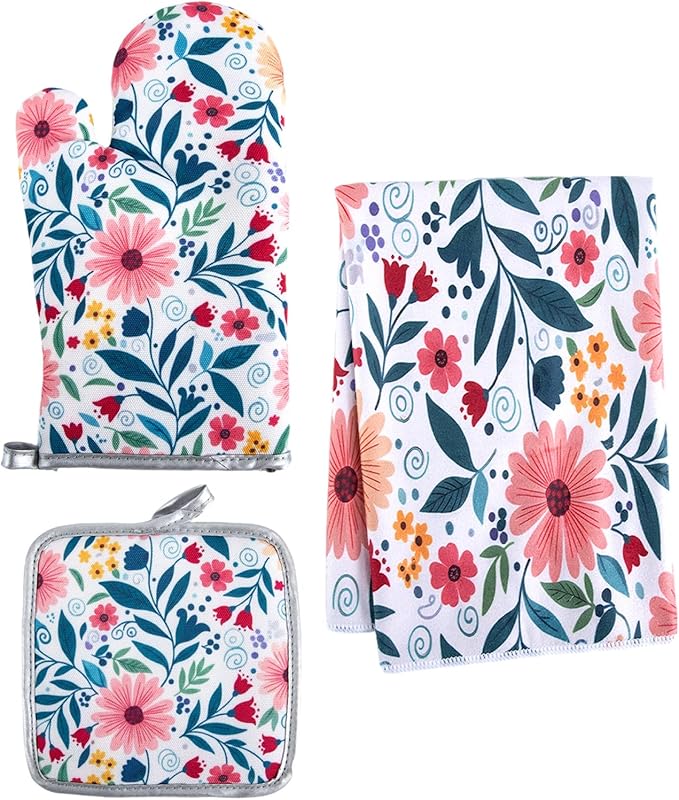3 Piece Kitchen Towels and Oven Mitts Sets, Absorbent Microfiber Dish Towel with Heat Resistant Pot Holders and Oven Gloves, Vintage Farmhouse Floral Decor, Rustic Cooking Baking Gifts for Women