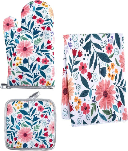 3 Piece Kitchen Towels and Oven Mitts Sets, Absorbent Microfiber Dish Towel with Heat Resistant Pot Holders and Oven Gloves, Vintage Farmhouse Floral Decor, Rustic Cooking Baking Gifts for Women