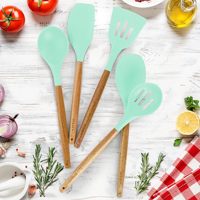 Zulay Kitchen Non-Stick Cooking Utensils Set with Authentic Acacia Wood Handles – 5-Piece Durable & Stylish Silicone Kitchen Utensils Set – Heat Resistant to 464°F – Aqua - Image 7