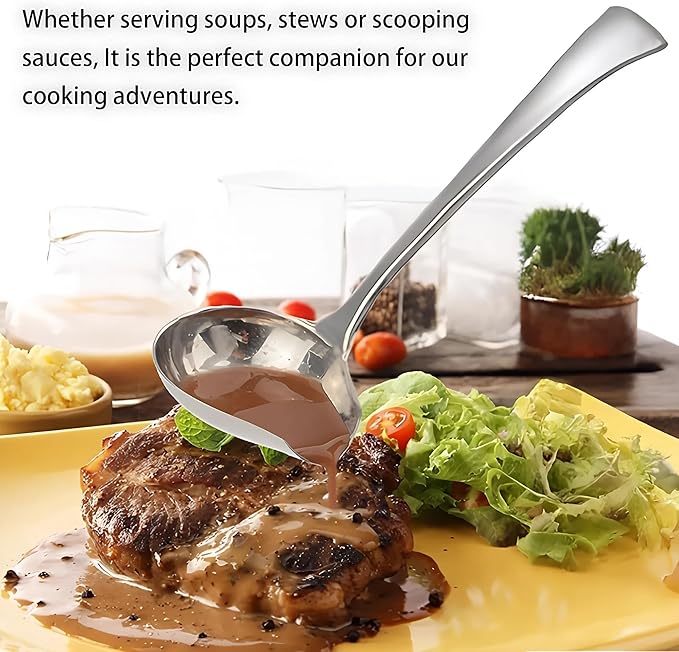 Comicfs Sauce Ladle, 18/10 Stainless Steel Gravy Ladle with Pouring Spout, Sauce Drizzle Spoon, Soup Ladles, Small Serving Gravy Ladles Serving Utensil, Dishwasher Safe, 7.3-Inch