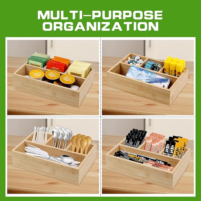 4 Pack Bamboo Tea Bag Organizer, Tea Bag Storage for Drawers, Sturdy Tea Chest Boxes for Shelf, Coffee Station, Sugar Packet, Sweeteners, Small Packets