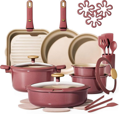 CAROTE 26 Pcs Pots and Pans Set, Nonstick Cookware Sets with Detachable Handle, Titanium Reinforced, Oven Safe, Cookware Non Stick Cooking Set w/Frying Pans & Saucepans Red(PFOS, PFOA Free) by CAROTE