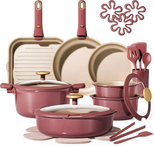 CAROTE 26 Pcs Pots and Pans Set, Nonstick Cookware Sets with Detachable Handle, Titanium Reinforced, Oven Safe, Cookware Non Stick Cooking Set w/Frying Pans & Saucepans Red(PFOS, PFOA Free) by CAROTE