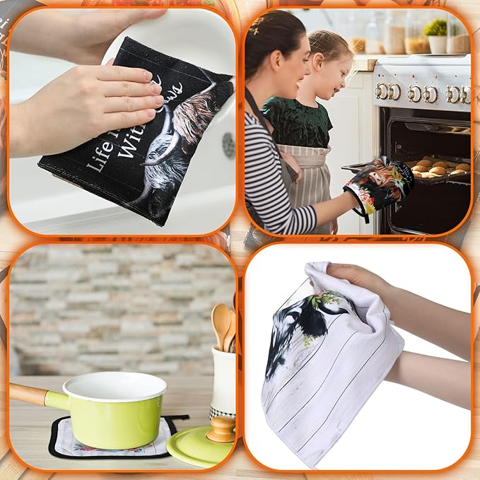 Bencailor 6 Pcs Cattle Kitchen Towels Oven Mitts and Pot Holders Set Decorative Dish Towels Tea Washcloth Non Slip Heat Resistant Oven Gloves for Summer Home Cooking Baking, Retro Color - Image 6