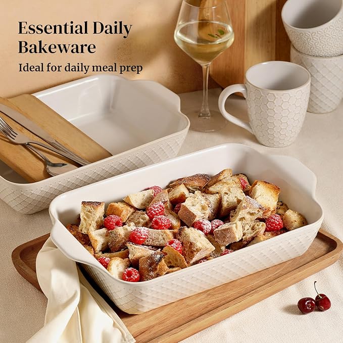 DOWAN 9x13 Deep Lasagna Baking Dish, Ceramic Casserole Dish for Oven, 4 Quarts Embossed Baking Pan with Handles, Oven Safe Bakeware for Roasting, Desserts, Durable & Giftable, Arctic White - Image 7