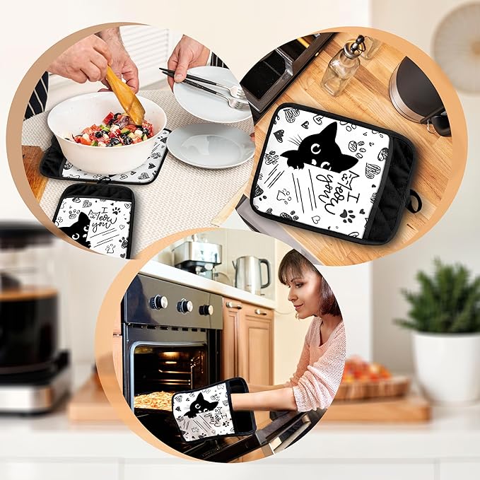 Funny Black Cat Pot Holders with Pockets, Cat Kitchen Decor, Cute Black Kitty Kitten Paw Oven Pot Holders Heat Resistant Oven Mitts Hot Pads for Kitchen Baking Cooking, Set of 2