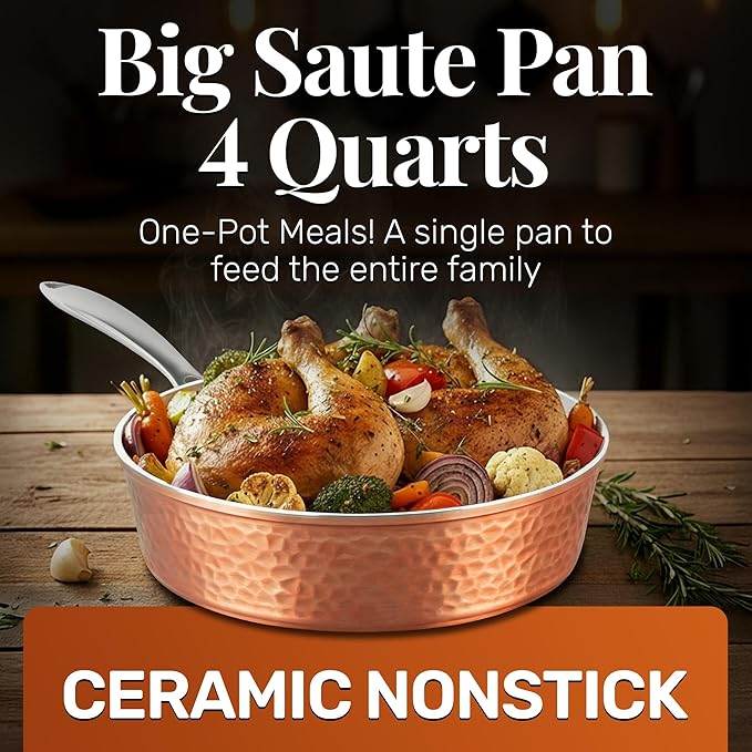 GOTHAM STEEL 4 Qt Saute Pan with Lid, Large Nonstick Skillet for Cooking, 12” Hammered Deep Frying Pan, Family Sized Pans, Ceramic Coating for Sauce, Induction Ready Oven & Dishwasher Safe, Non Toxic - Image 2