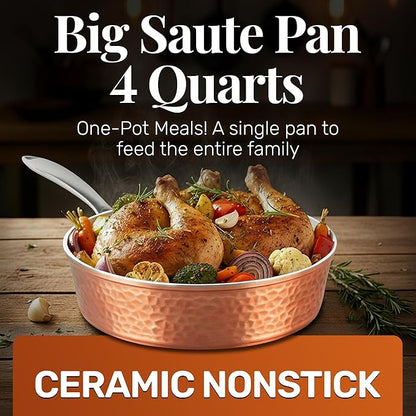 GOTHAM STEEL 4 Qt Saute Pan with Lid, Large Nonstick Skillet for Cooking, 12” Hammered Deep Frying Pan, Family Sized Pans, Ceramic Coating for Sauce, Induction Ready Oven & Dishwasher Safe, Non Toxic - Image 2