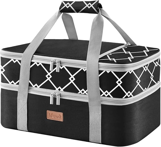 Lifewit Insulated Double Decker Casserole Carrier, Lasagna Lugger Holder for Hot or Cold Food, Fits 9" x 13" Baking Dish, Thermal Lunch Tote Bag for Potluck Parties, Picnic and Cookouts, Black